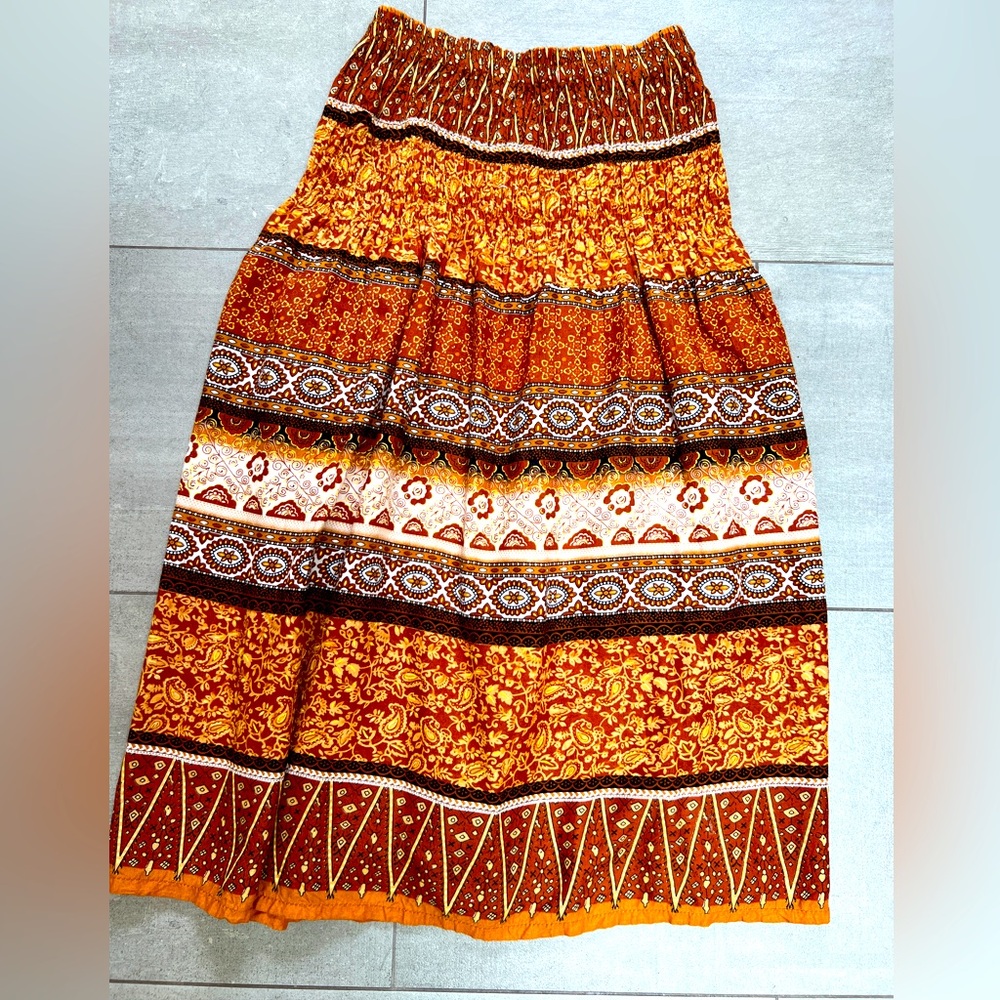 Bohemian Skirt in neutral tones w elastic smocking top for comfy fit - rayon?